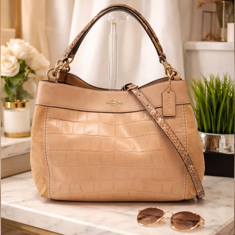 Coach Lexy Beechwood Beige Croc-Embossed‎ Suede Shoulder Hand Crossbody Bag NWT